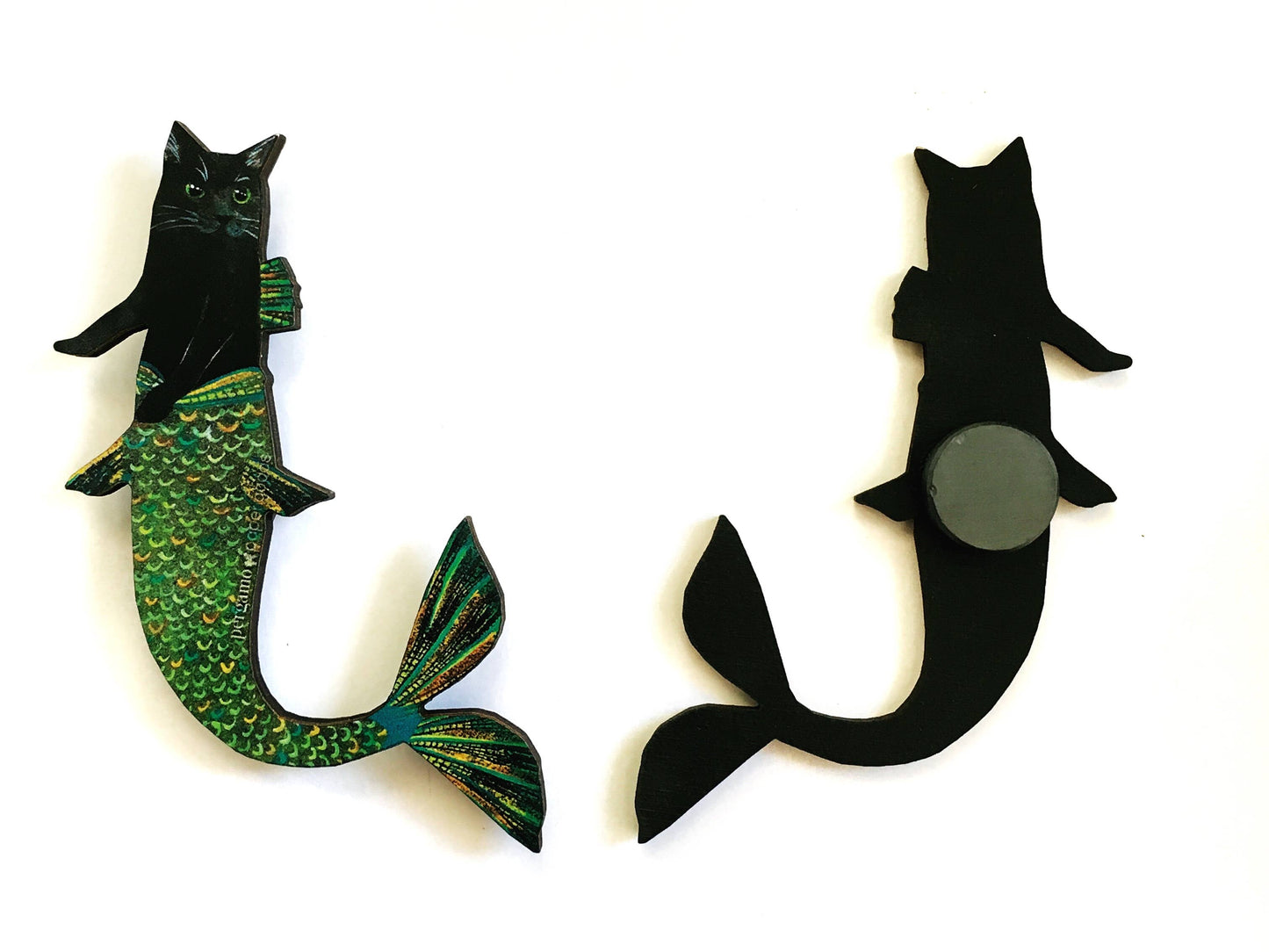 Black Cat Mermaid Wood Magnet