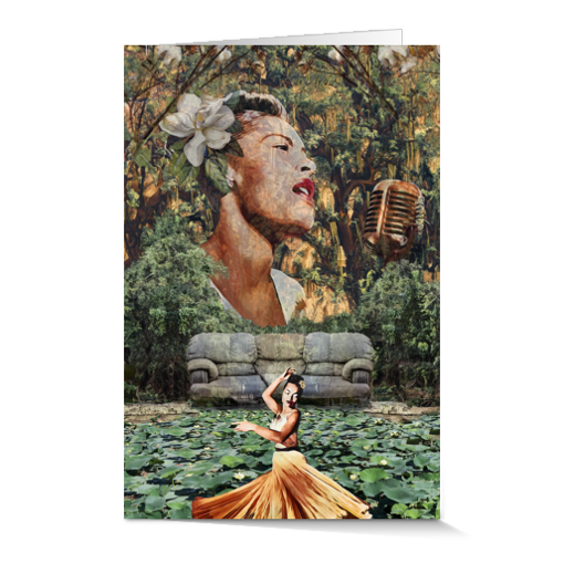 Greeting card with a collage of a woman in a garden setting, featuring a large head and a microphone.