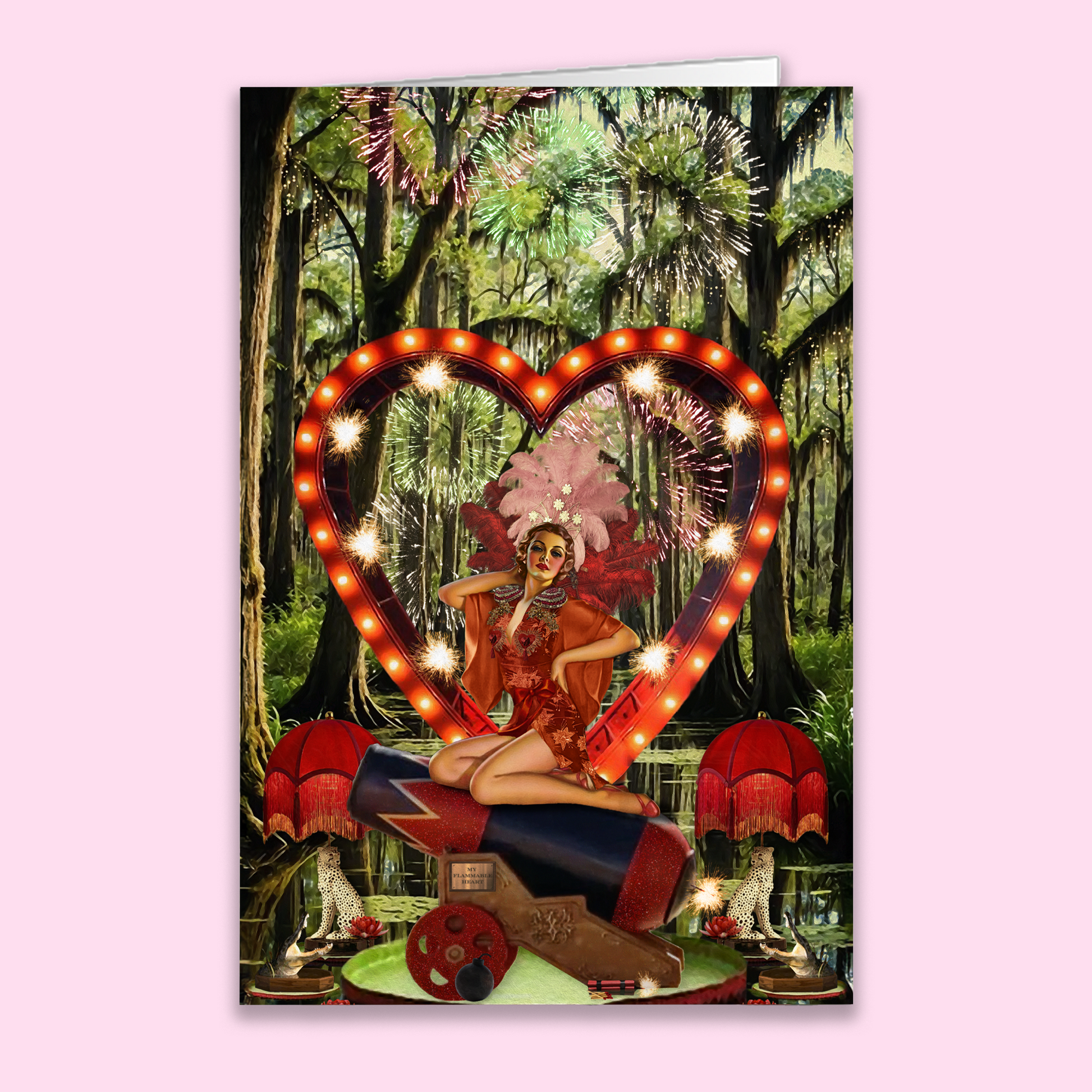 Greeting card with a woman in a red dress sitting on a heart-shaped chariot in a forest setting.